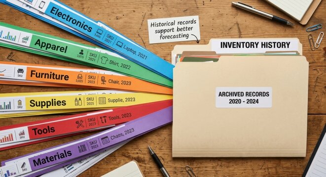 Layered inventory records and archived files on a wooden desk for business organization