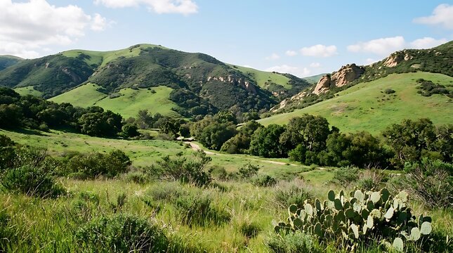 Scenic view of green rolling hills and valleys with a trail path in california countryside on a sunny day