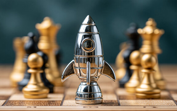 Shiny silver rocket toy stands prominently on a wooden chessboard surrounded by golden and black chess pieces against a dark teal background.