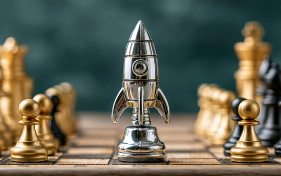 Shiny silver rocket toy stands prominently on a wooden chessboard surrounded by golden and black chess pieces against a dark teal background.