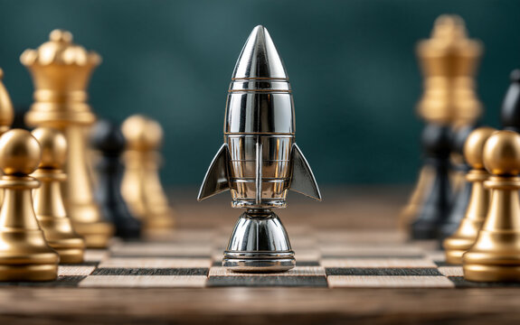 Shiny silver rocket toy stands prominently on a wooden chessboard surrounded by golden and black chess pieces against a dark teal background.