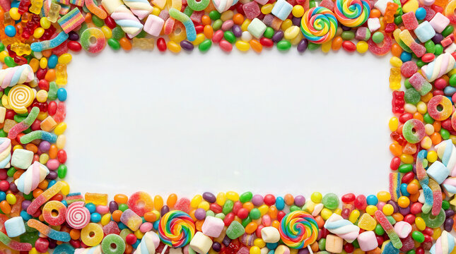 Colorful candy border featuring lollipops, marshmallows, gummy rings, and sweets surrounding a large blank rectangle on white background