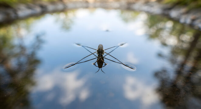Water strider insect walking on the surface of a pond