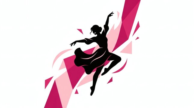 Silhouette of ballet dancer in dynamic pose with abstract pink and magenta shapes background.