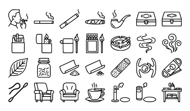 Smoking Lifestyle Tobacco Accessories and Cigar Editable Outline Vector Icons