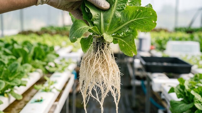 Hand holding freshly harvested lettuce with visible root system from a sustainable hydroponic farm, highlighting modern agriculture and fresh produce