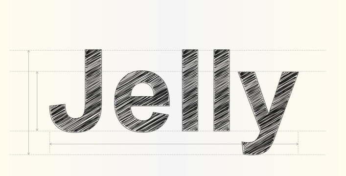 Fun playful lettering design spelling out the word Jelly with an artistic scribbled hatching fill pattern effect