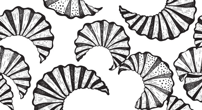 Black and white hand drawn engraved croissant pastry seamless pattern vector illustration