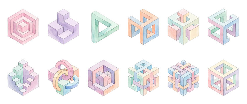 3D optical illusion impossible shapes pastel watercolor geometric set isolated on black background for design, creative mind game, abstract paradoxical geometry, perspective paradox, art object
