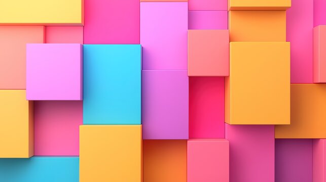 Bright and colorful geometric backdrop featuring three dimensional cubes in shades of pink blue and orange