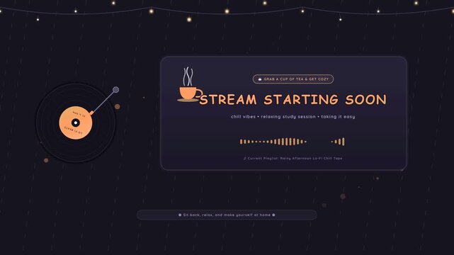Stream starting soon screen overlay with lo-fi aesthetic and vinyl record design.