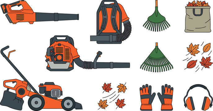 Autumn Leaf Blowers and Lawn Mower Yard Cleaning Equipment Vector Set