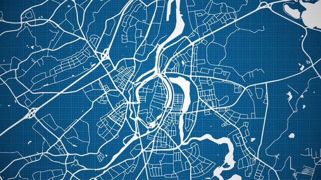 Ink reveal animation of L&uuml;beck (L&uuml;bęk, L&uuml;beek) city, state of Schleswig-Holstein, Germany, grid map. Aerial top view. Blueprint style. White lines with blue background. 4K Seamless loop.
