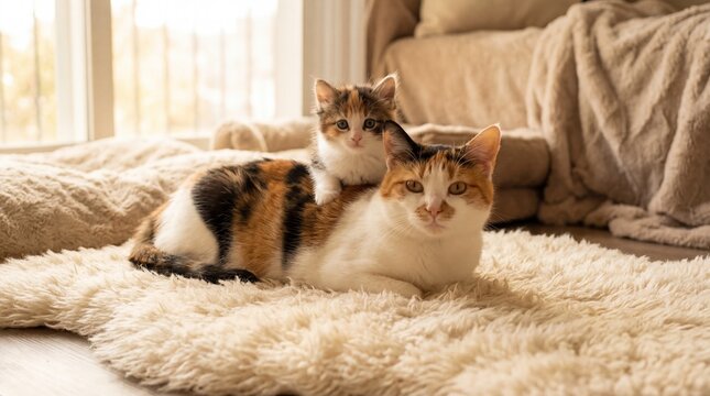 Two Calico Cats Resting Together on a Cozy Fluffy Rug in a Sunlit Living Room