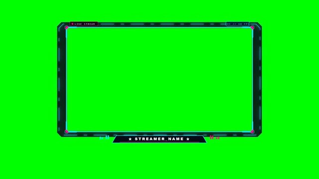Futuristic gaming overlay frame with green screen background for live streaming content.