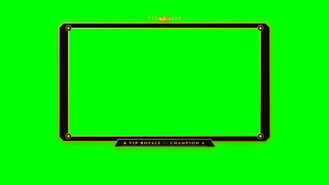 Black and gold gaming overlay frame with green screen background for live streaming.