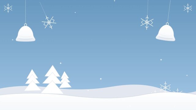 Minimalist winter landscape illustration with hanging bells and snowflakes on a blue background.