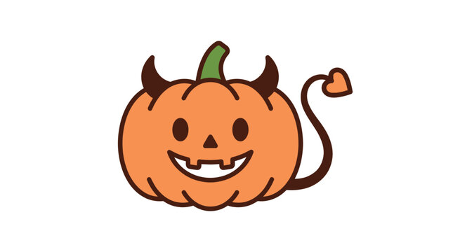 Cute devil pumpkin vector illustration featuring orange vegetable with black horns and heart shaped tail tip