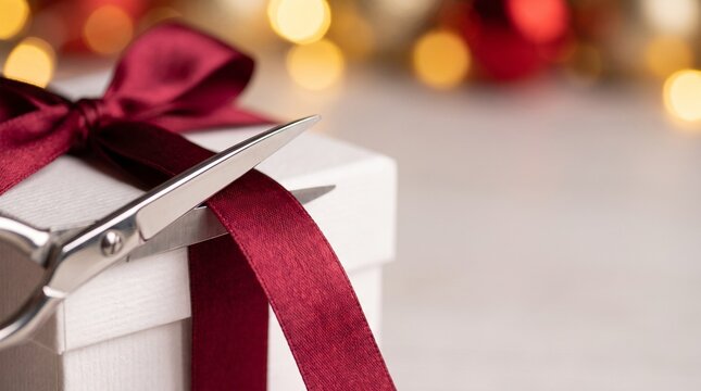 Holiday season metallic scissors carefully snip a rich red ribbon on gift