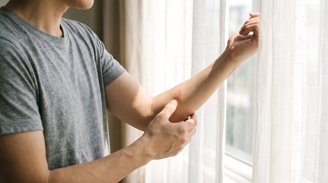 Man scratching itchy elbow standing by a bright window