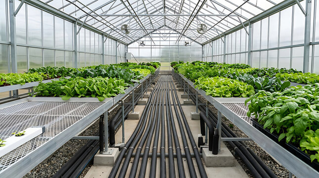 Industrial hydroponic greenhouse interior with rows of fresh lettuce and piping greenhouse hydroponics agriculture cultivation industrial technology