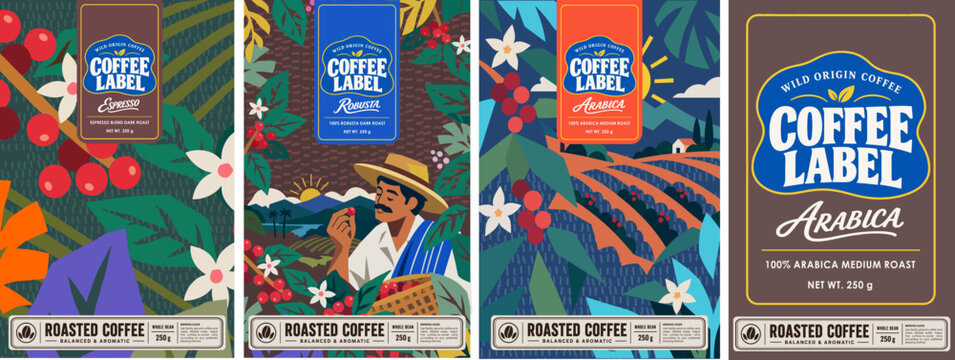 Coffee label. Vector illustrations of logo, coffee beans, coffee cherries, a plantation landscape, background,  pattern, abstract nature and a farmer. Packaging template for beans, bag and cafe