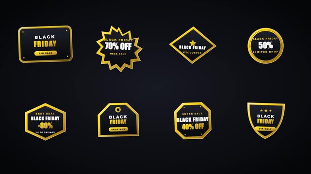 Set of luxury black and gold Black Friday sale badges and promotional labels.