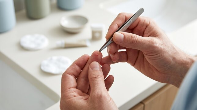 Senior person using tweezers to remove a splinter from finger in a bathroom