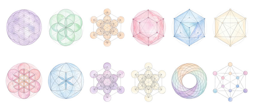 Sacred geometry flower of life metatron cube set featuring pastel watercolor geometric symbols on black background for spiritual design, esoteric astrology art, meditation logos, and mystical elements