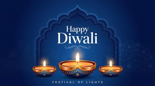 Happy Diwali greeting card vector illustration. Three glowing diya oil lamps are arranged on a dark blue background with traditional Indian arch frame. Festival of lights template.