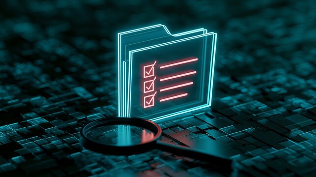 Glowing digital folder with checkmarks displayed on a dark circuit board, representing data security and verification concepts