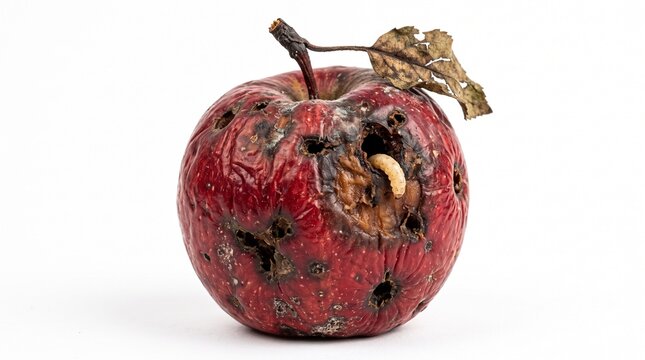 Close up of a spoiled rotten red apple with a larva crawling out of a pest damage hole