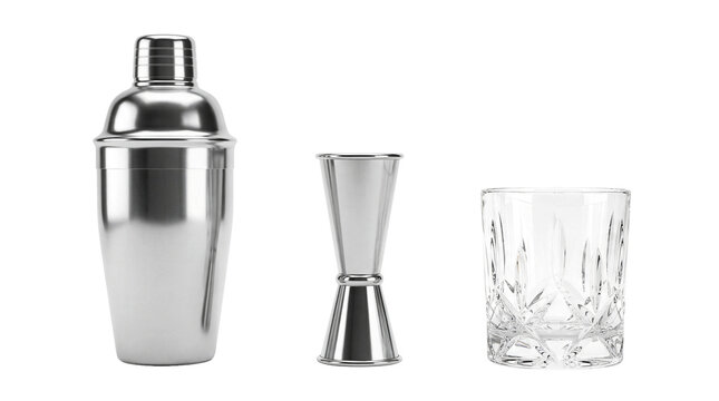 Cocktail shaker jigger glass items set containing stainless steel cocktail shaker, jigger, and crystal glass isolated on transparent background.