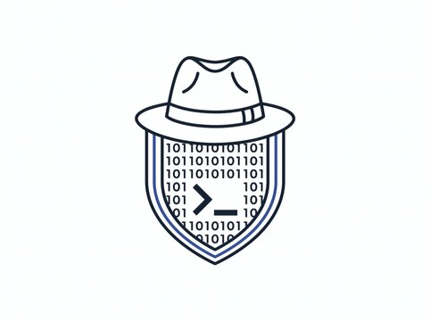 White hat cyber defender emblem with binary code and fedora icon