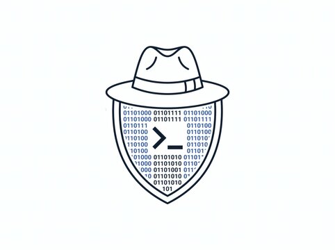 Ethical hacker emblem: fedora, binary shield, cursor - cybersecurity concept