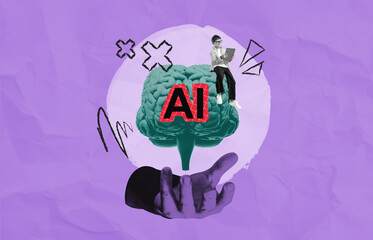 AI technology concept collage with human hand holding a digital © ImageFlow