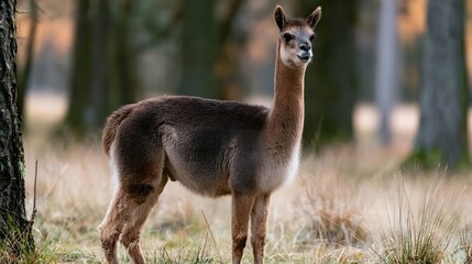 Fototapeta premium A graceful alpaca stands alert in a sunlit forest clearing surrounded by tall grass and tree trunks