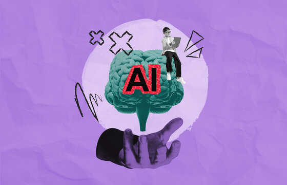 AI technology concept collage with human hand holding a digital