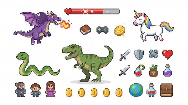 Pixel Art Video Game Assets Set with Fantasy Monsters, Dinosaurs, Characters, and Icons