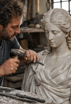 Sculptor carving a stone statue in an art studio