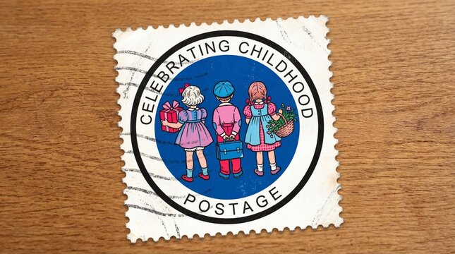 Decorative Commemorative Postage Stamp Featuring Three Children Celebrating Childhood Memories Placed on a Wooden Surface Texture