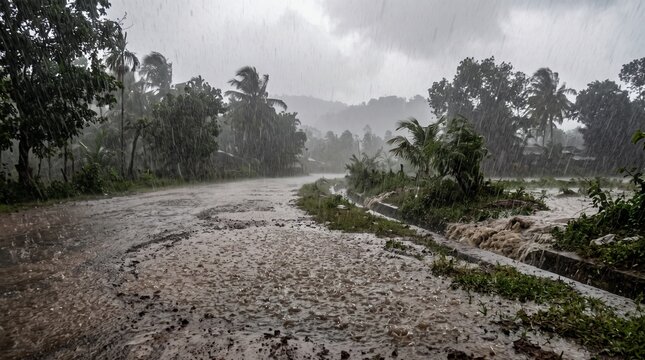 Heavy monsoon rain flooding rural road in tropical storm weather landscape