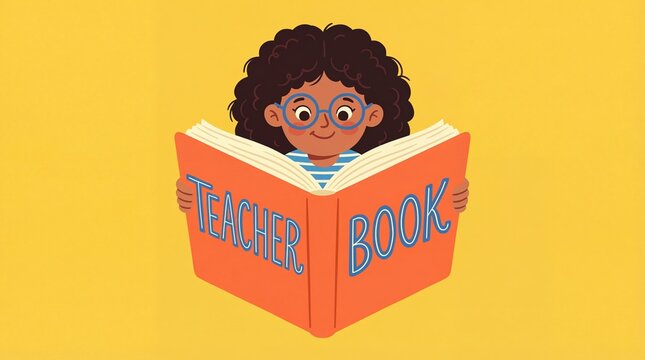 A Young Girl With Curly Hair Smiling While Engrossed in Reading a Teacher Book Educational Resource for School Students and Classroom Learning