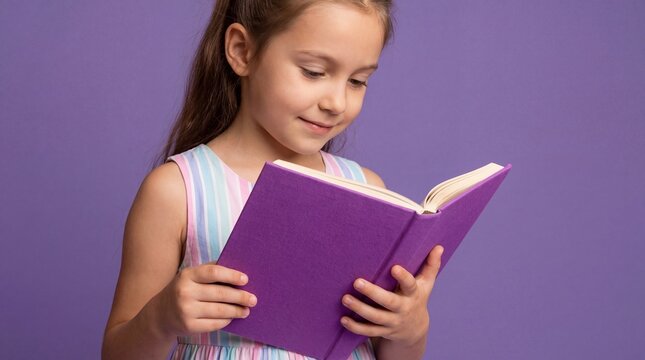 Young Girl Engrossed in Reading a Purple Book Against a Matching Solid Violet Background for Educational and Childhood Development Concepts