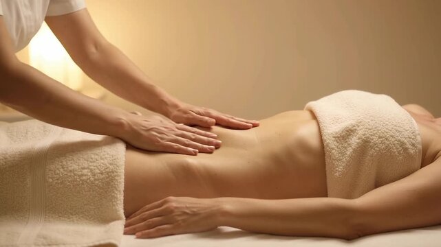 Woman receives abdominal lymphatic drainage massage while lying beneath white towels, with hands applying broad manual strokes across the exposed stomach in a warm treatment room viewed from the side.