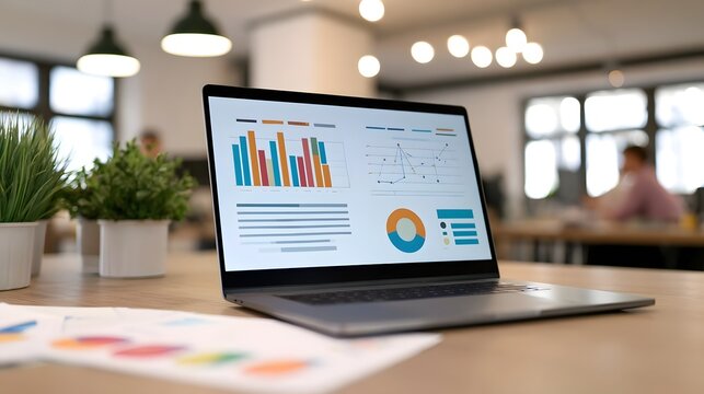Laptop displaying colorful business charts on a wooden desk with potted plants and office background