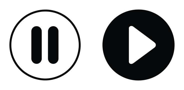 Play pause icons with outline and solid media control buttons for audio video players, streaming platforms, web interfaces, and multimedia navigation