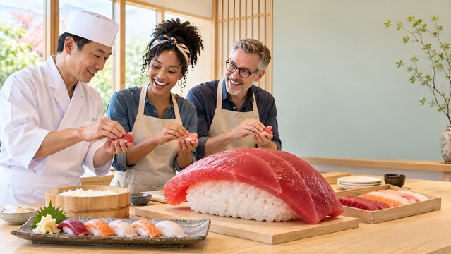 日本人寿司職人と外国人旅行者が巨大なマグロ握りを囲むユーモラスな寿司作り教室