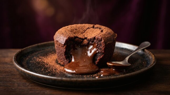 Warm chocolate lava cake with molten center dusting of cocoa powder and spoon on dark plate.