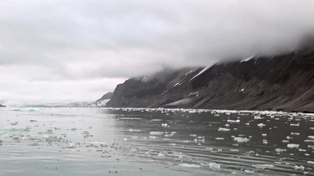 A mountain channel contains floating ice between steep rocky slopes. The surrounding view shows wide framing, adding visual depth and surface detail to the composition.